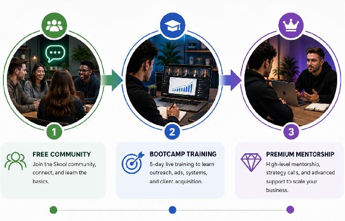 Brez Marketing funnel from free community to paid mentorship