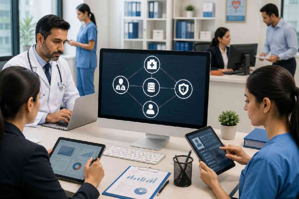 How Care Qevafaginz Network Ltd Works for Providers Healthcare staff managing digital patient coordination systems in a clinic