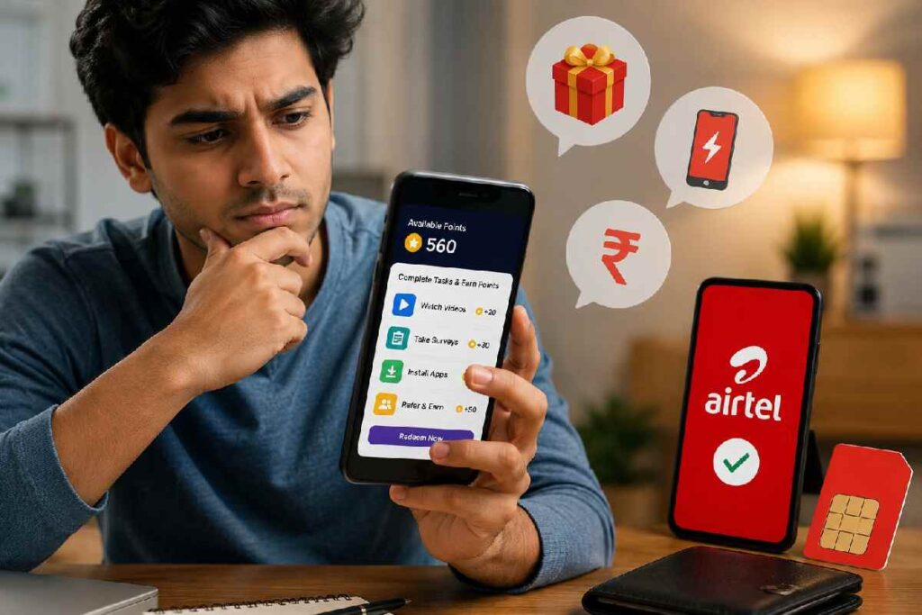 Person checking mobile reward tasks related to prepaid recharge offers