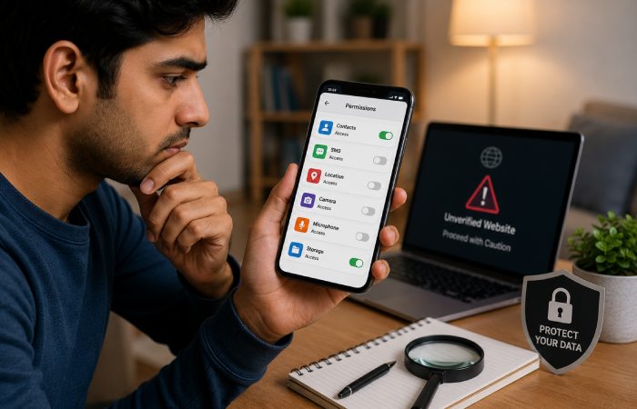 User reviewing mobile privacy and permissions before using reward websites