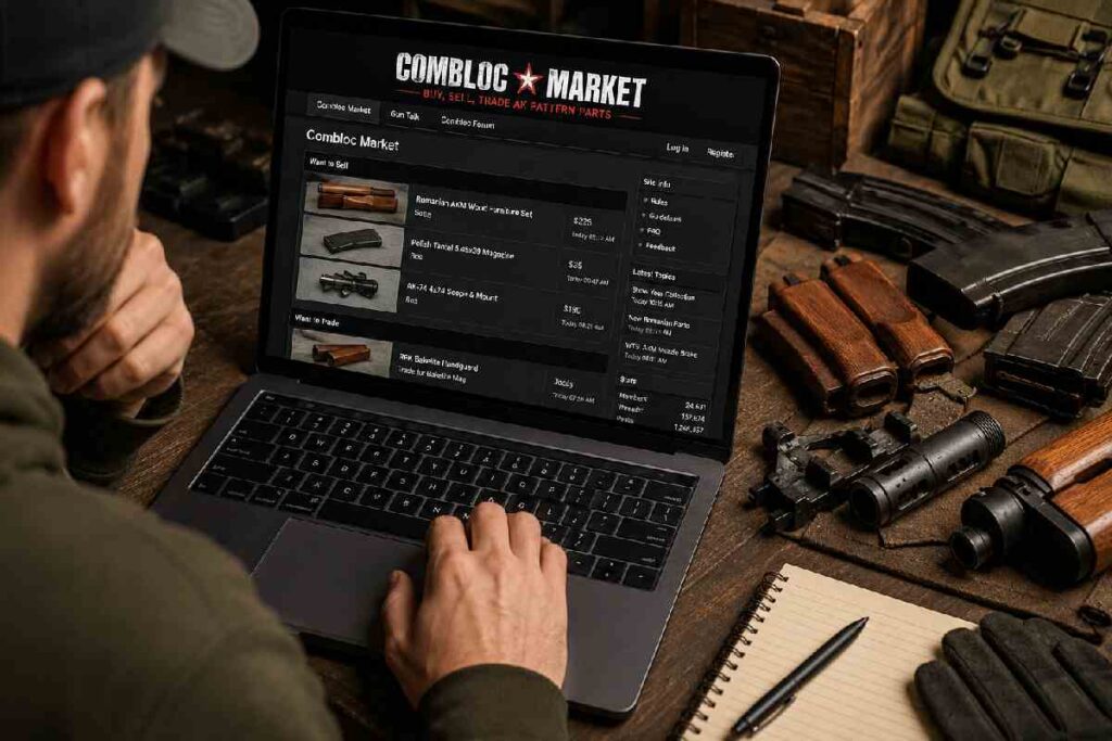 Person browsing Combloc Market for AK parts on laptop