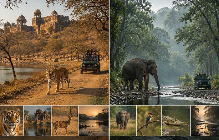 Visual comparison of Ranthambore and Corbett safari environments for wildlife photography