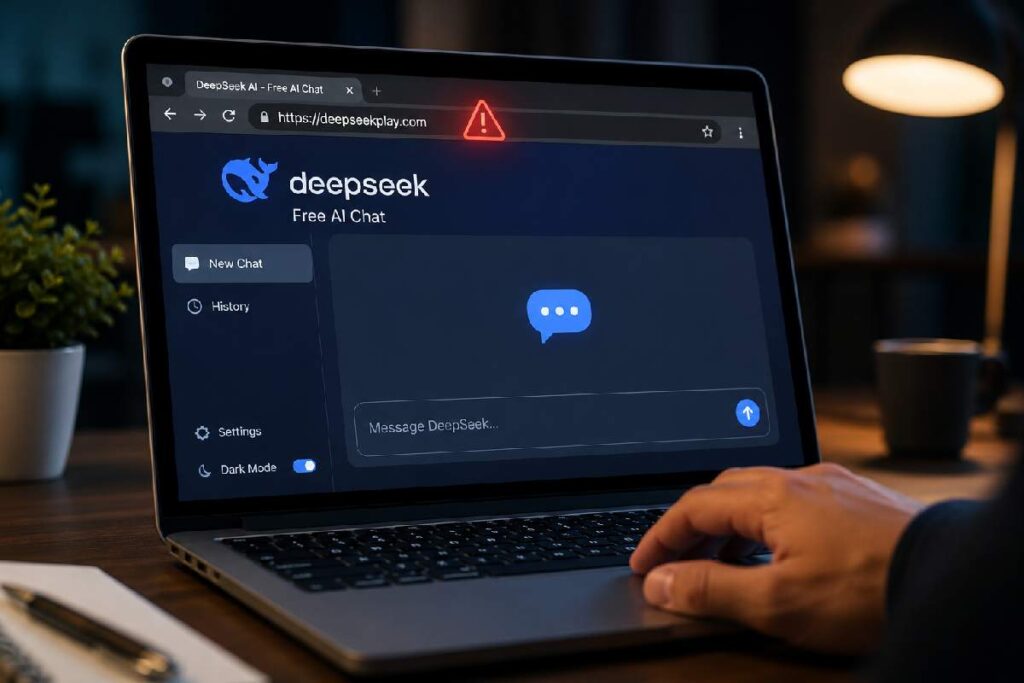 suspicious AI website URL shown on laptop screen