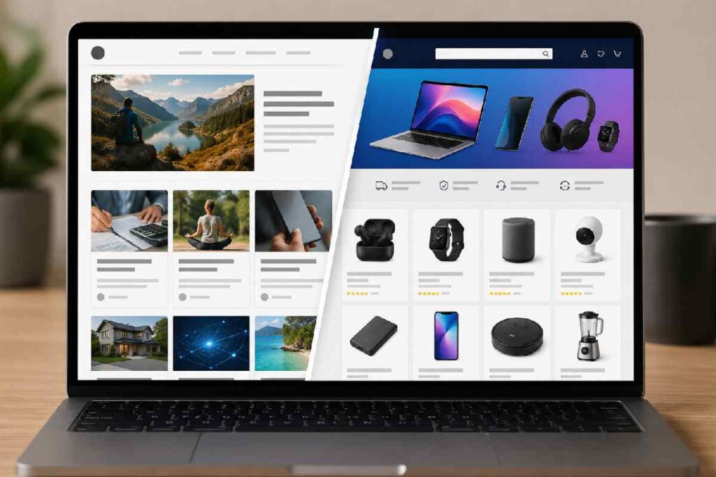 Laptop showing blog website and online store layout side by side