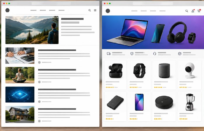 Blog layout and e-commerce layout shown side by side