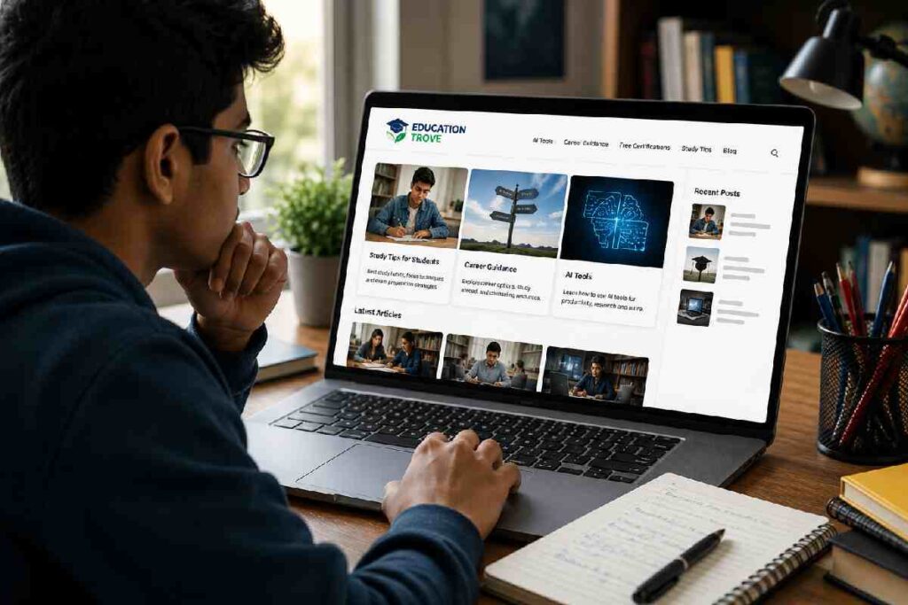 Student reviewing an educational website on a laptop