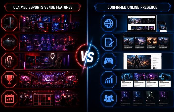 Comparison between claimed esports venue features and confirmed online presence