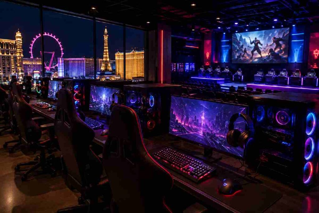 EmbersLasVegas Gaming USA: Honest Guide & Venue Facts Modern esports gaming setup with PCs and Las Vegas style lighting