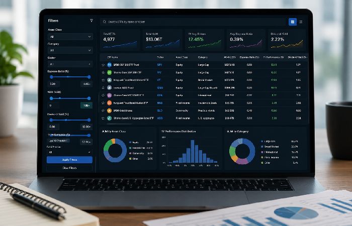 ETF screener dashboard with filters and results