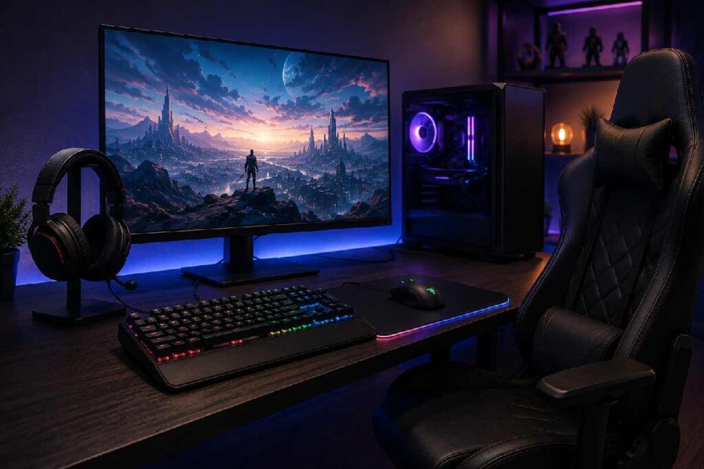gaming peripherals setup with mouse headset monitor and chair