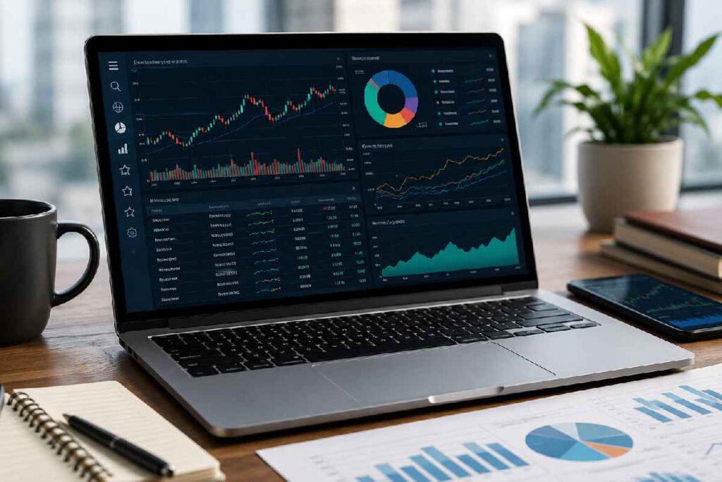 FintechZoom ETF market overview with charts on screen