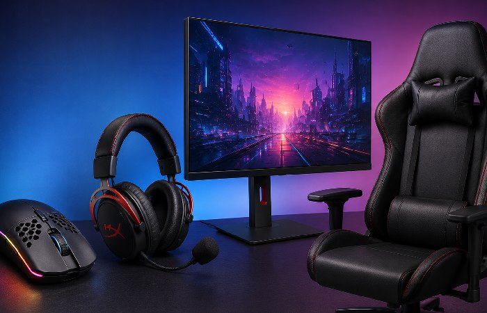 gaming mouse headset monitor and chair setup