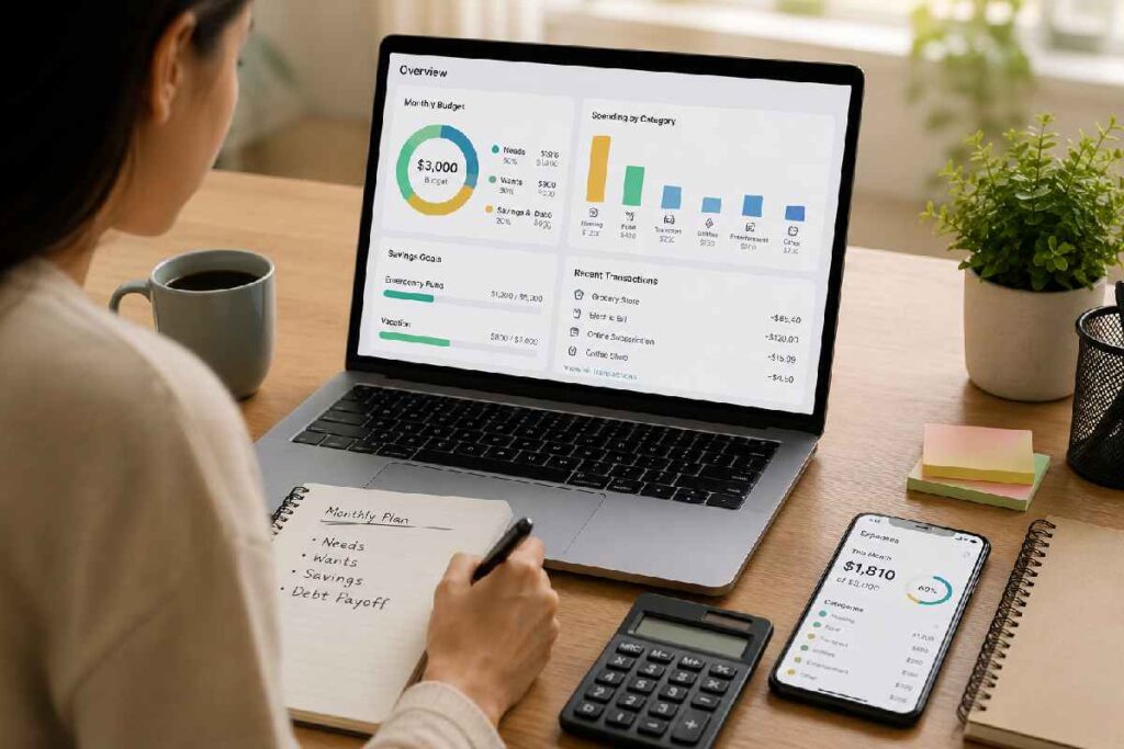 Person tracking expenses and savings on laptop dashboard
