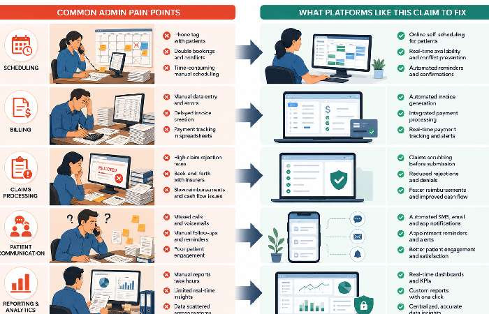 Healthcare administration and billing workflow automation illustration