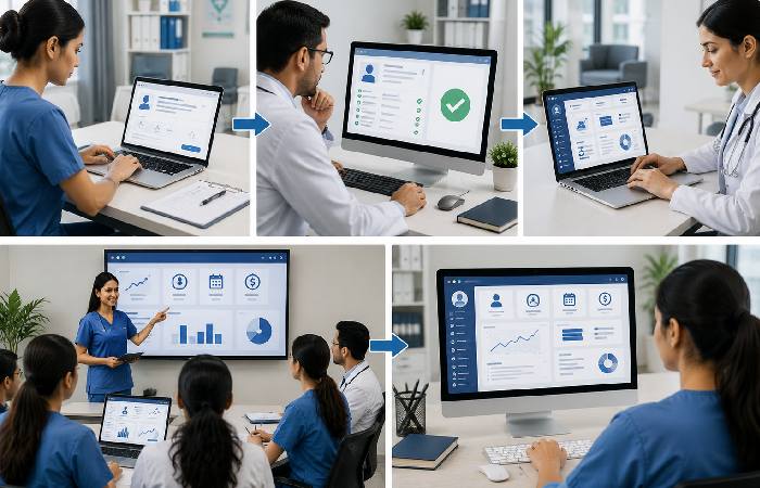 Medical staff completing digital onboarding and credential verification