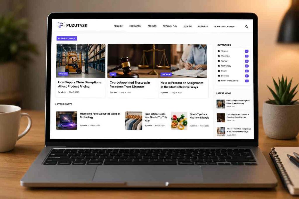 Puzutask com website showing blog layout with articles and categories
