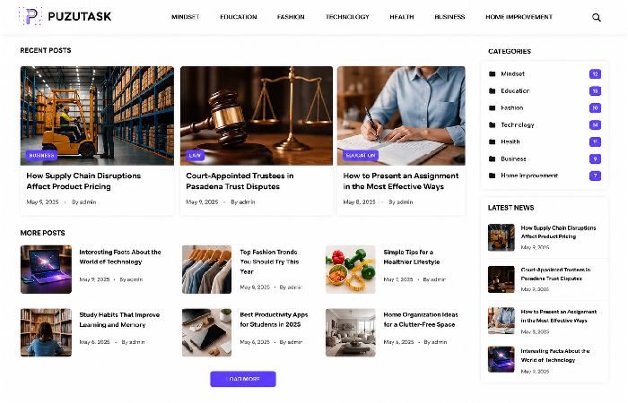 Blog homepage with multiple article categories and recent posts