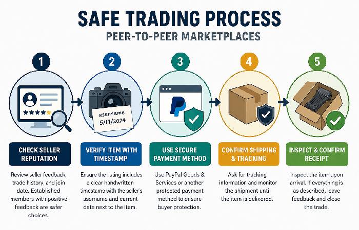 Visual process of verifying seller and completing safe transaction