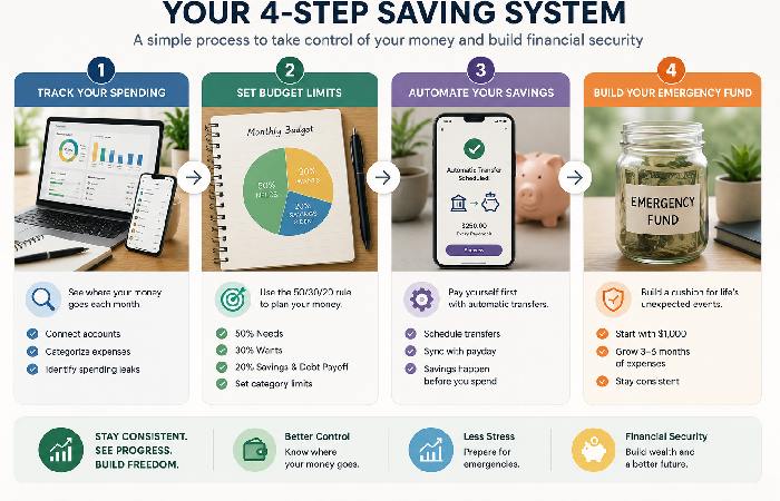 Visual steps of tracking budgeting saving and building emergency fund
