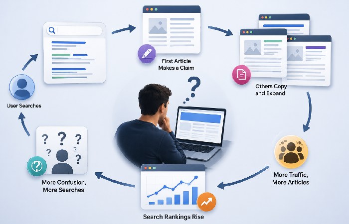 Illustration of repeated online articles creating confusion around a website