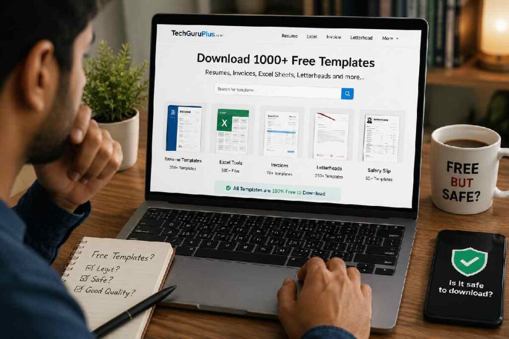 Laptop showing document templates with user hesitating before download
