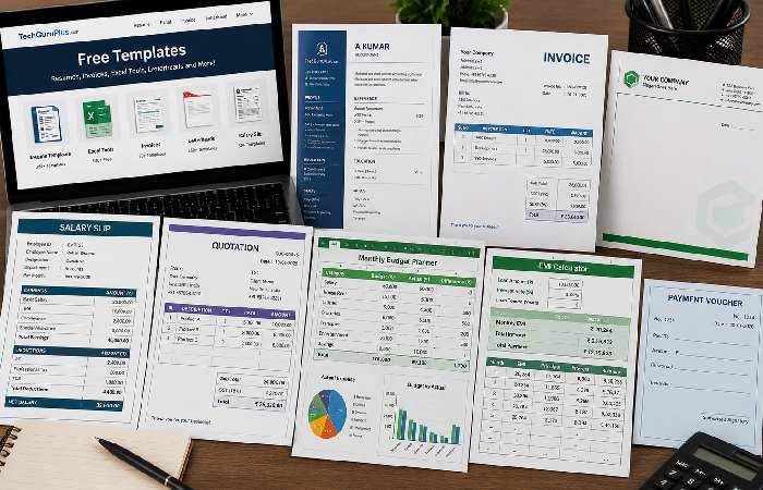 Resume, invoice and Excel document templates displayed together