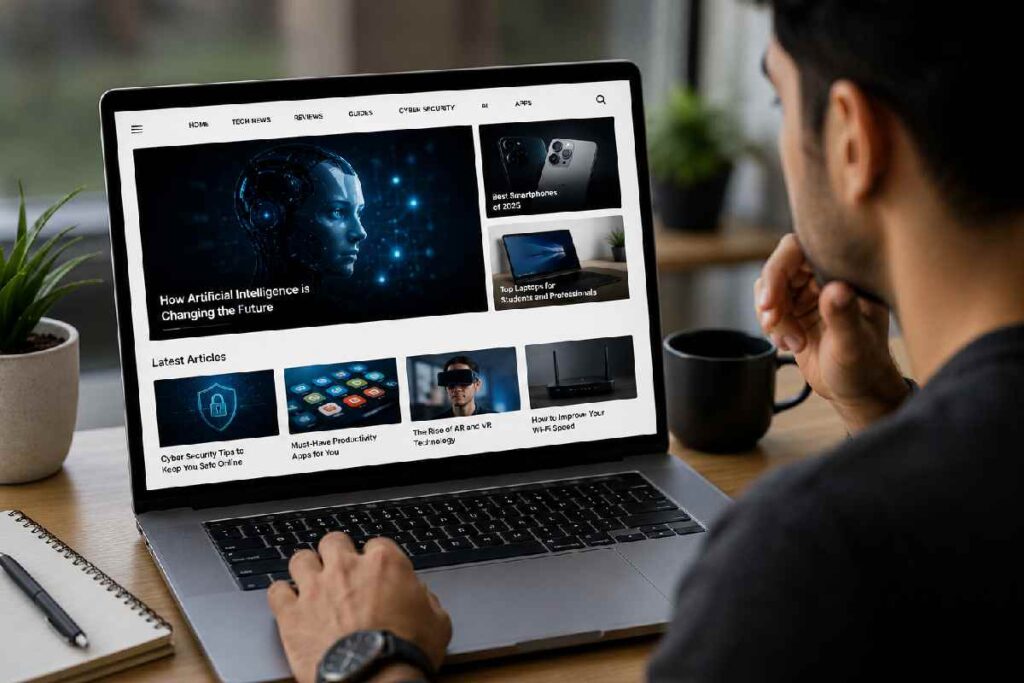 User analyzing a tech blog website on laptop
