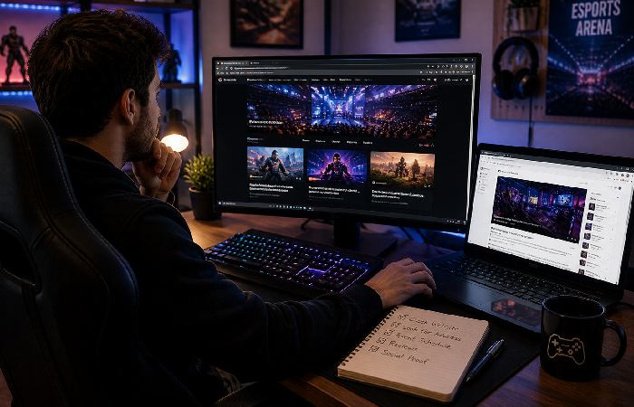Person researching esports venue information online