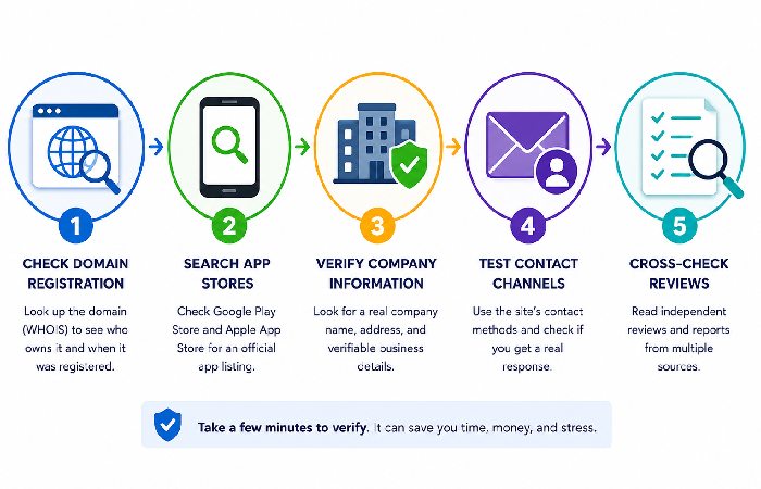 Visual flow of steps to verify a website credibility