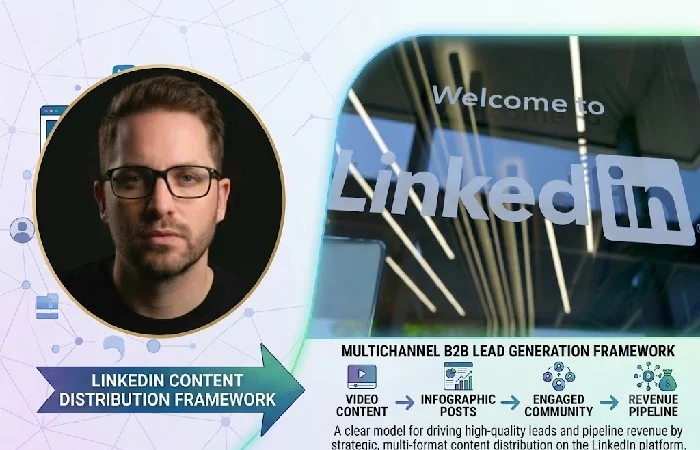A diagram of a multi-stage B2B lead generation funnel powered by LinkedIn content distribution and community engagement.