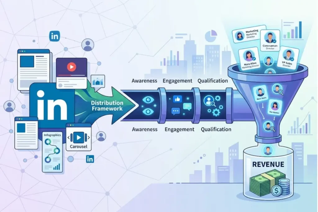 Diagram showing a B2B LinkedIn content distribution framework turning posts into a revenue pipeline.