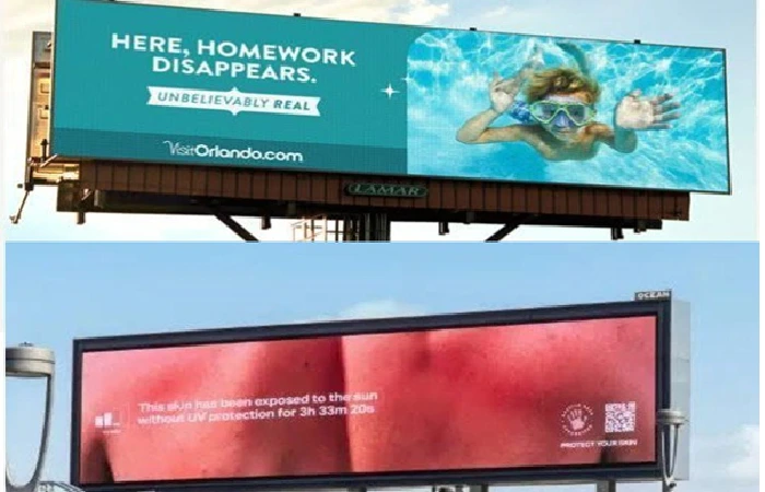 Creative billboard contrast examples Orlando and UV protection ad