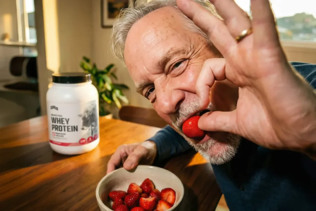 Levels’ “Nothing Fake Ever” Strategy: Clean Ingredients Senior man eating strawberries beside whey protein supplement